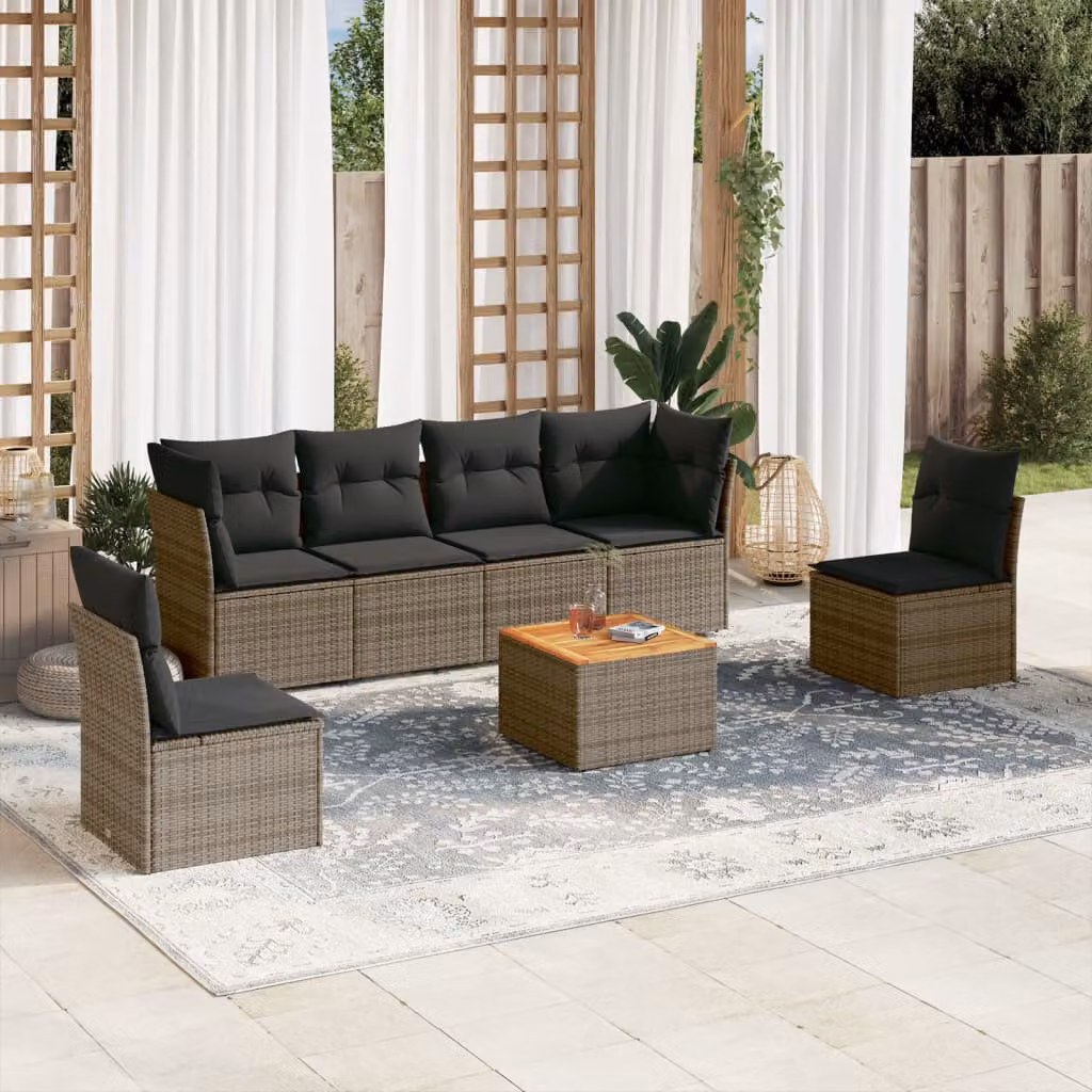 Set di divani da giardino vidaXL in polyrattan grigio con cuscini e tavolino da esterno a forma di L – 1