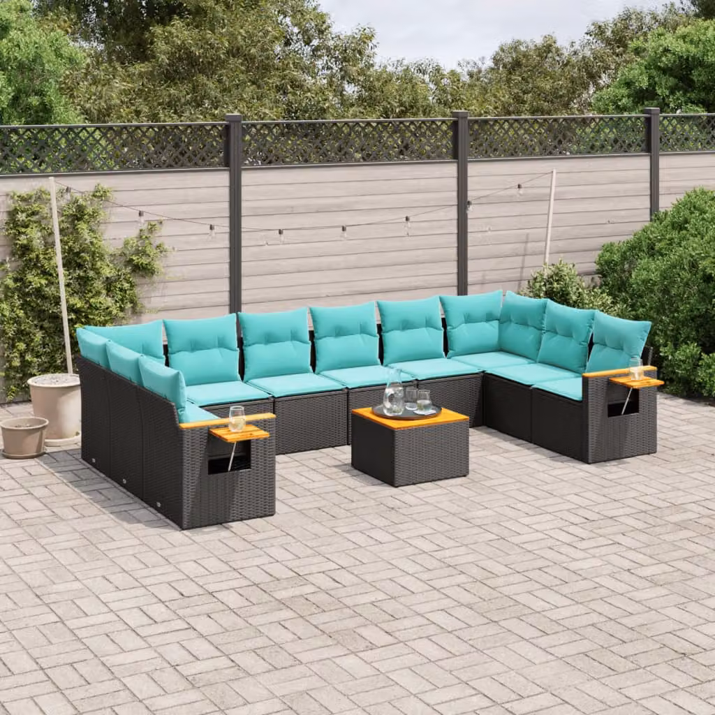 vidaXL Set Divani da Giardino 11 pz in Polyrattan Nero con Cuscini e Tavolino da Esterno – 1