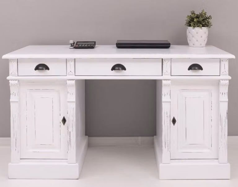 Casa Padrino scrivania in stile country shabby chic bianco antico 140 x 70 x h. 78 cm - Scrivania in legno massello in stile country - Mobili per ufficio - Mobili in stile country - Mobili shabby chic