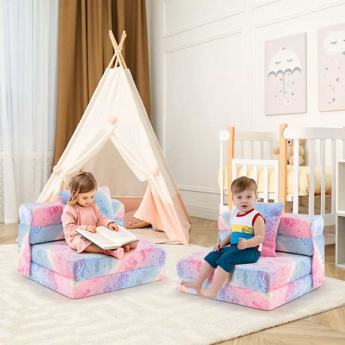 Costway Divano letto pieghevole per bambini con cuscino e copertura lavabile, Materasso da pavimento luminoso al buio Multicolore