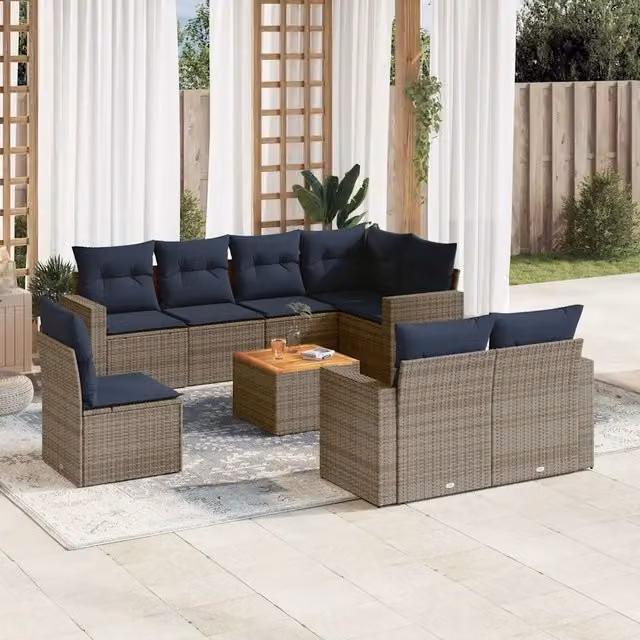 Set Divani da Giardino 9 pz con Cuscini Grigio in Polyrattan 3256551