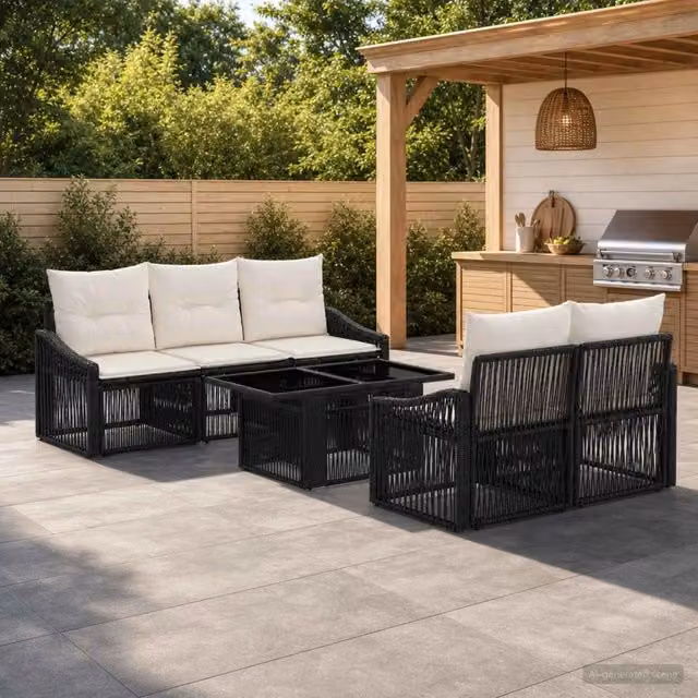 Set Divano da Giardino a L con Polyrattan e Cuscini vidaXL, Nero e Bianco Crema, 6 Pezzi