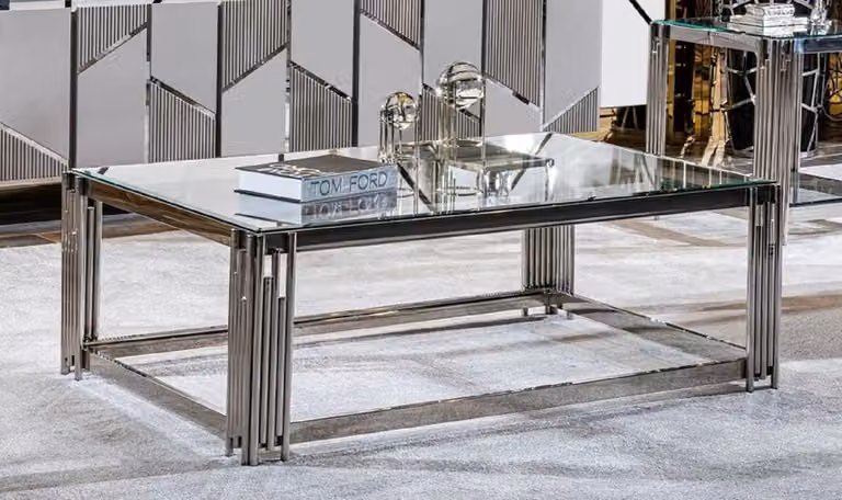 Tavolino Casa Padrino argento 120 x 80 x H. 45 cm - Tavolo da salotto rettangolare con piano in vetro - Mobili da salotto - Mobili per hotel
