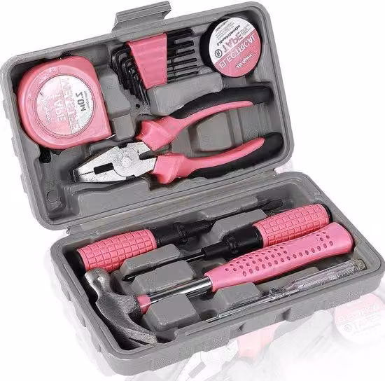 Kit di ferramenta per idraulici - Mini valigetta degli attrezzi - Per riparazioni e lavori manuali - Compatibile e portatile - 13 pezzi - Rosa