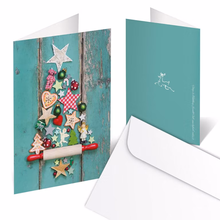 Biglietti di Natale, confezione da 3 pezzi, effetto legno, albero di Natale colorato, dimensioni 14,8 x 10,5 cm