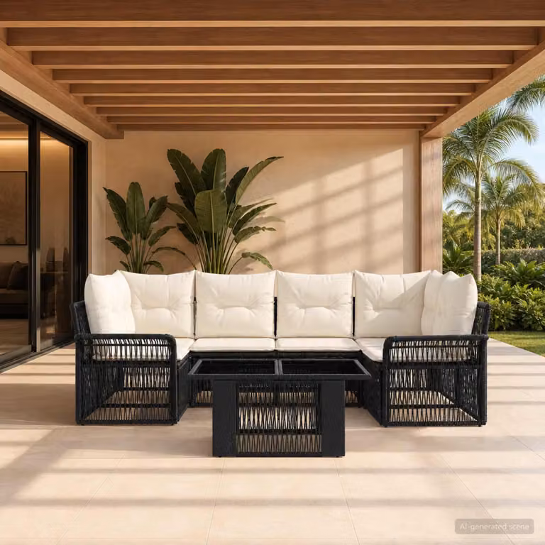 Set Divano da Giardino vidaXL 7 Pezzi in Polyrattan Nero e Bianco Crema con Cuscini Rimovibili e Tavolino