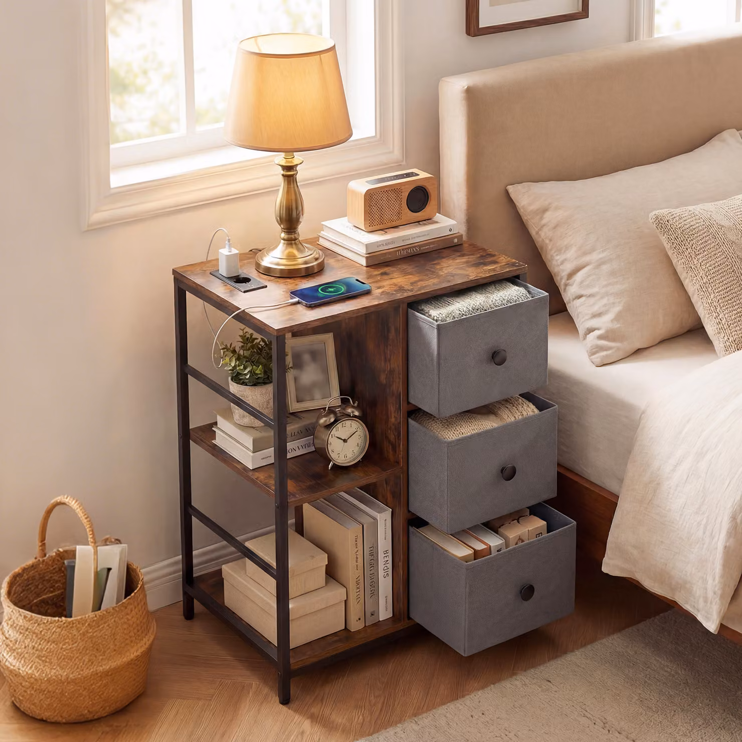 Armadio organizer Costway in stile industriale con ripiani e cassetti, comodino a 3 livelli con tasche laterali per camera da letto o soggiorno, Marrone rustico