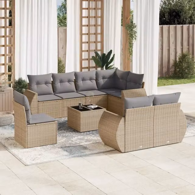 Set Divano da Giardino 9 pz con Cuscini Beige in Polyrattan 3253986