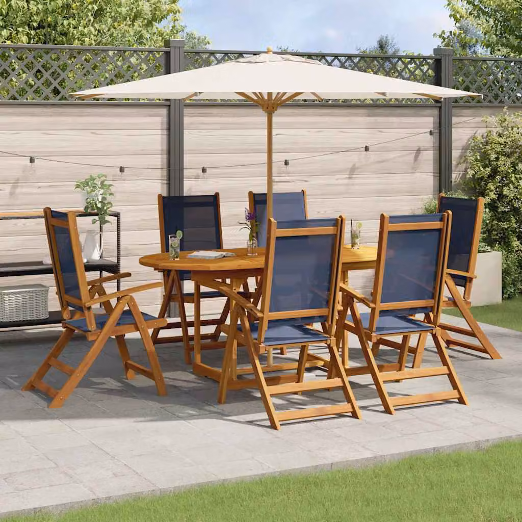 Set Pranzo da Giardino vidaXL in Legno di Acacia e Textilene, 7 Pezzi, Marrone e Blu