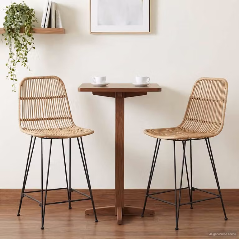Set di 2 sgabelli da bar vidaXL in rattan e metallo, colore naturale beige e marrone, L 44 x P 54 x H 96 cm