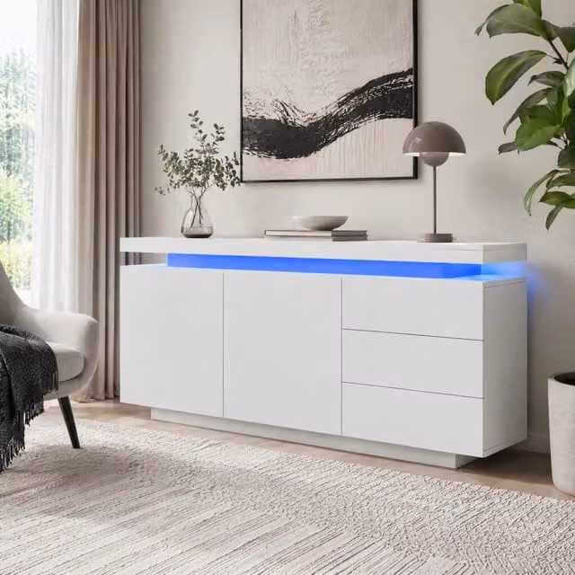 Credenza moderna bianca lucida con illuminazione LED integrata L: 120 cm, P: 38 cm, H: 72 cm