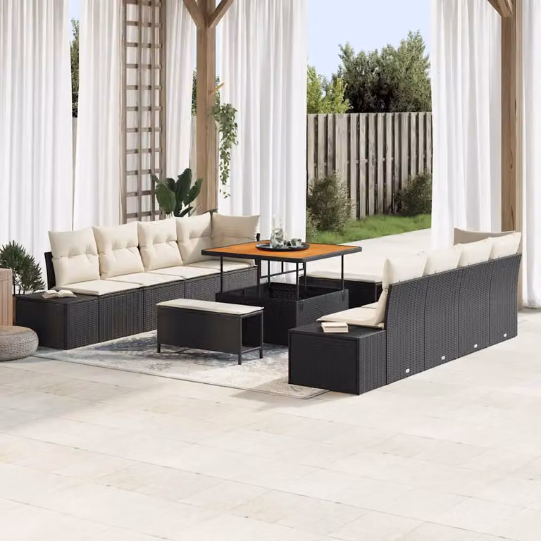 Set Divano da Giardino a Forma di U vidaXL Nero in Poly Rattan con Cuscini e Tavolino, L: 264 cm, P: 62 cm, H: 85 cm