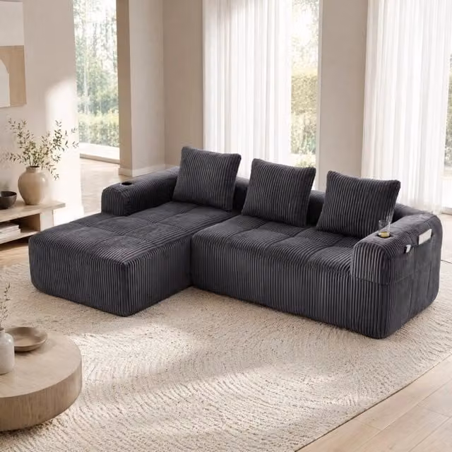 Divano modulare in velluto a coste scuro 253x158x61 cm; con tasche laterali e portabicchieri