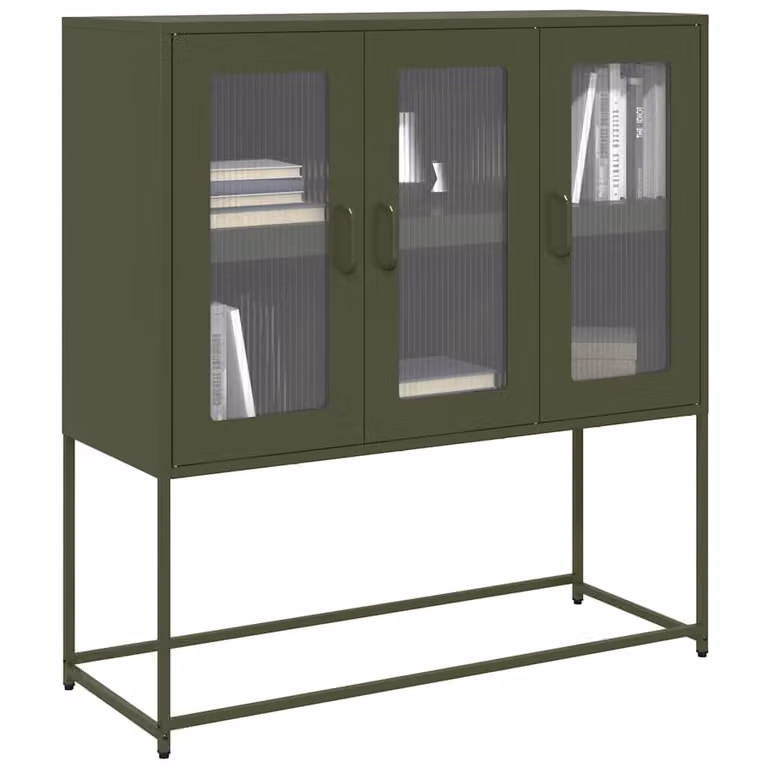 Credenza moderna vidaXL in metallo verde opaco con ante in vetro, L: 100,5 cm, P: 39 cm, H: 107 cm