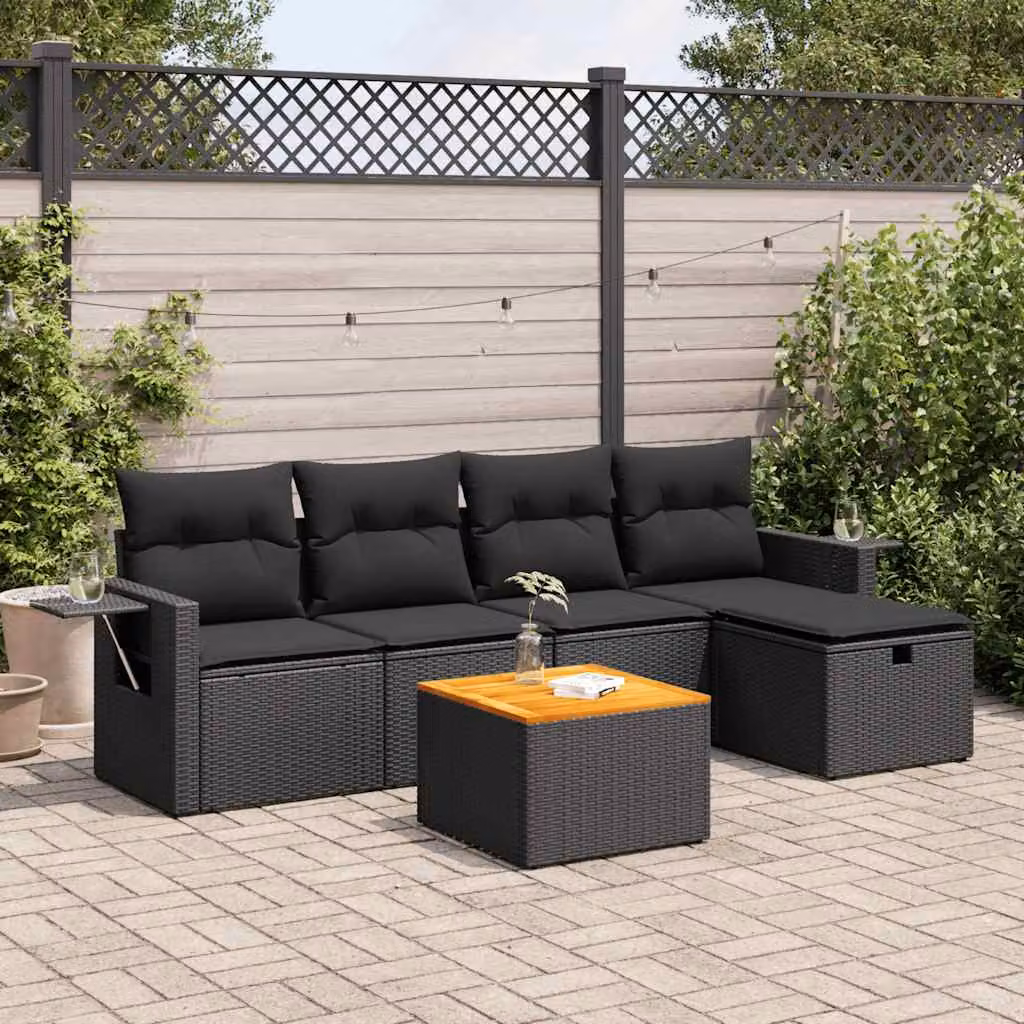 Set Divano da Giardino vidaXL 6 pz a Forma a L in Polyrattan con Cuscini e Tavolino, Nero e Marrone