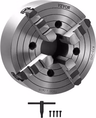 Mandrino per tornio autocentrante a 4 griffe VEVOR colore argento, diametro esterno 250 mm, intervallo di serraggio 15-250 mm con viti di fissaggio, chiave a T e griffe reversibili in materiale HT300