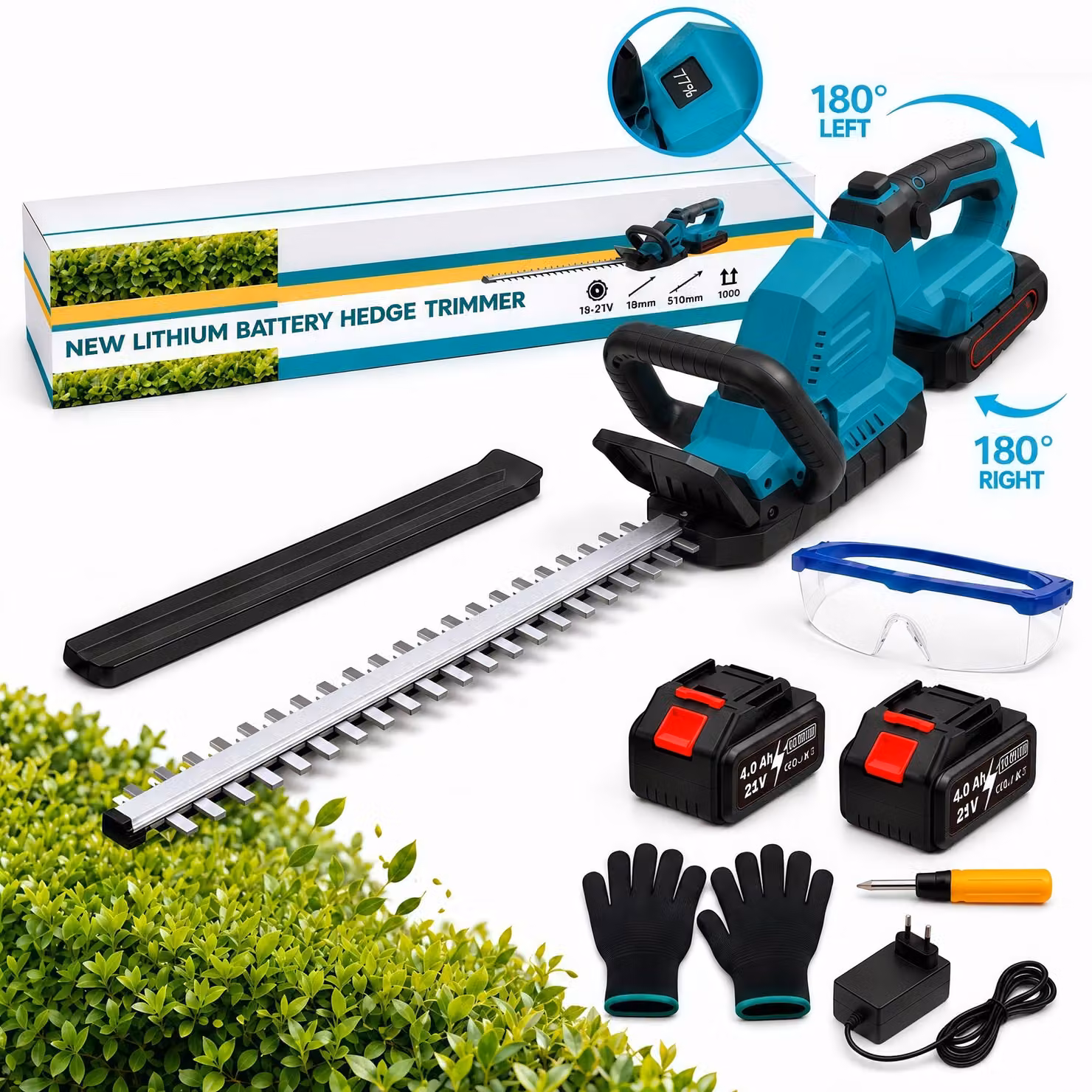 1500W Tagliasiepi a batteria 21V Brushless, lama da 52 cm, 2×4,0Ah batterie, impugnatura girevole a 360°, taglio fino a 26 mm