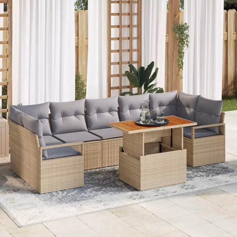 Set Divano da Giardino vidaXL 8 Pezzi a Forma di L con Tavolino, Colore Beige e Grigio