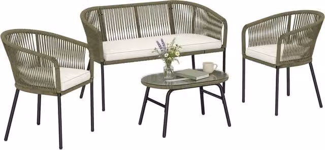 Salotto da Giardino 4 Posti, Divano 2 Posti, 2 Poltrone, Tavolino Basso in Vetro Temperato, PP Intrecciato Crema, Robusto e Resistente, per Esterno