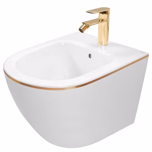 Rea - Carlo Mini Bidet Sospeso Bidet Sospeso in Ceramica Bordo Oro Bianco per Bagno 49,5 x 37 x 32,5 cm (Bianco)