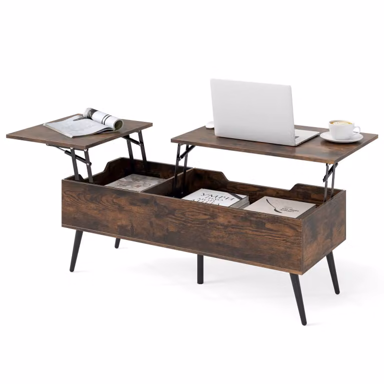Tavolino COSTWAY con piano sollevabile, moderno tavolino da centro con 2 vani portaoggetti nascosti, tavolo da lavoro ribaltabile 111 x 48 x 40-53,5 cm marrone ruggine