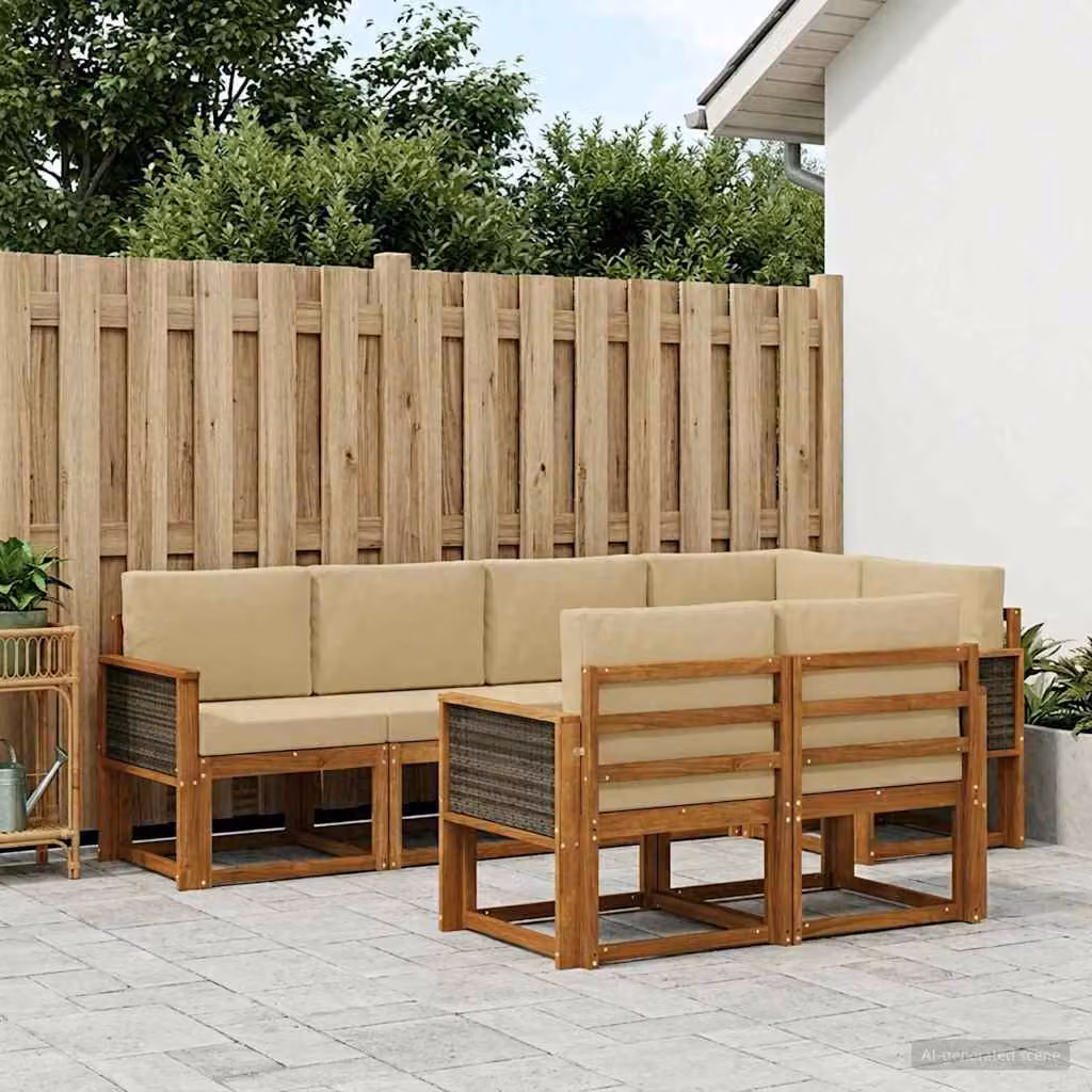 Set di divani da esterno vidaXL 7 pz a forma di L in legno di acacia con cuscini beige e marrone