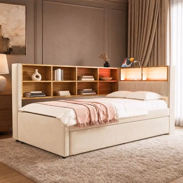 Divano letto beige multifunzionale 90x200 cm con letto estraibile 90x190 cm, LED integrati e prese di ricarica, rivestimento in flanella