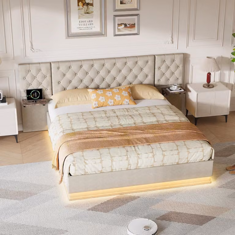 Letto imbottito - Letto matrimoniale 140 x 200 cm - Spazio contenitore con sistema idraulico - 2 comodini integrati - Testiera ampia - Rivestimento in lino - Colore beige - Senza materasso