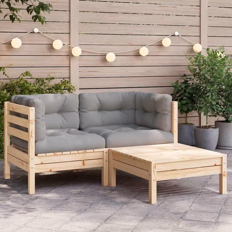 Set di divani da giardino vidaXL in legno massello di pino con cuscini grigi a forma di L