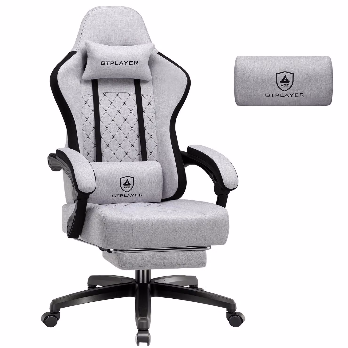 Sedia da gaming GTPLAYER, rivestita in tessuto, con imbottitura a molle, sedia girevole ergonomica, sedia da gaming con poggiapiedi, capacità di carico fino a 150 kg, colore grigio chiaro