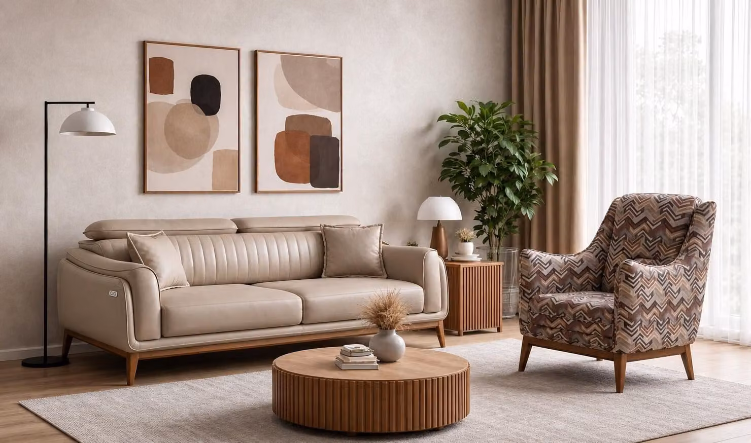 Set di divani a 3 posti con azionamento elettrico, beige, cuscini decorativi e poltrona