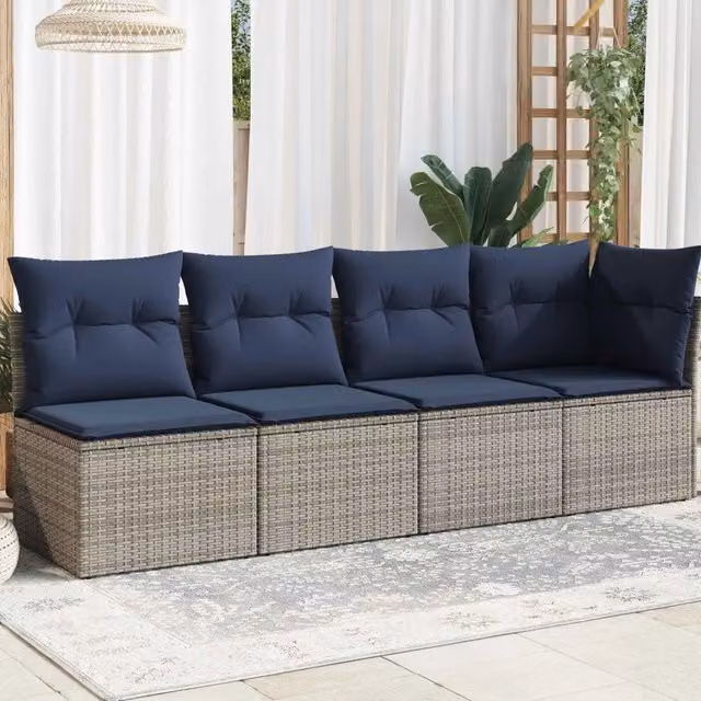 Divano da giardino a L con 4 posti vidaXL in rattan e metallo con cuscini grigi e blu – 1