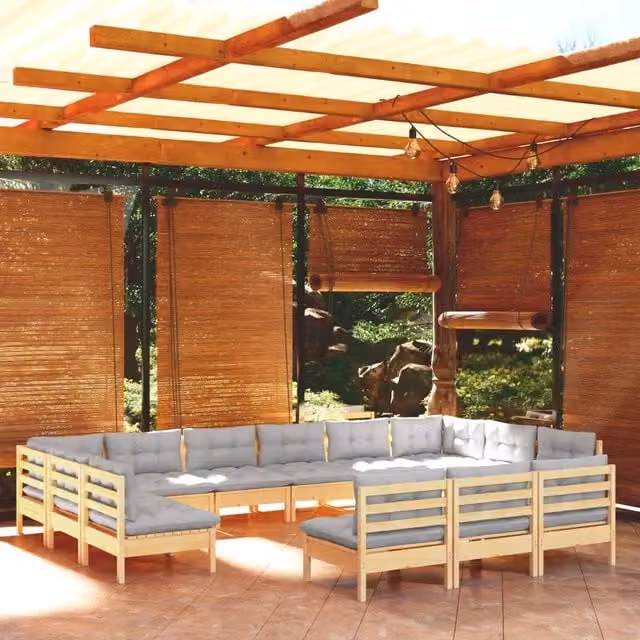 Set di Divani da Giardino a L vidaXL in Legno di Pino Massello con Cuscini Grigi