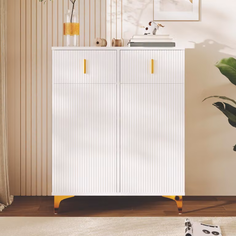 Mobile contenitore, pannelli strutturali, dettagli dorati, cassetti