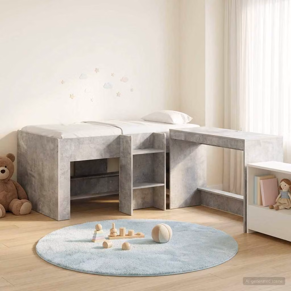vidaXL Letto alto per bambini con scrivania in legno, Grigio Cemento, L: 120 cm, P: 101 cm, H: 163 cm