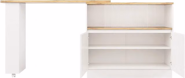 Sideboard girevole 360° in MDF per sala da pranzo e bar, 90x45x100 cm, ripiani in vetro, bianco e legno