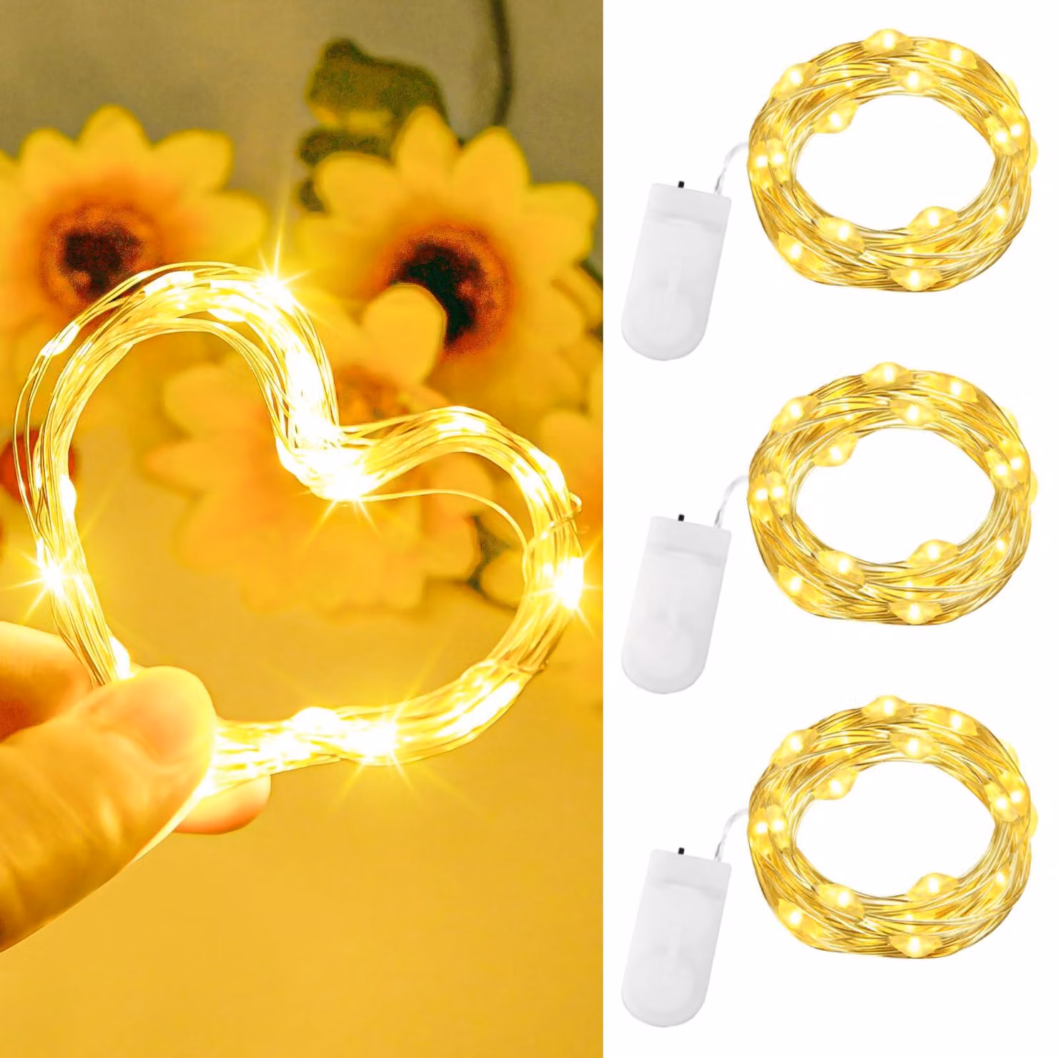 Set di 3 catene luminose a LED, lunghezza 2 metri, 20 LED, luce bianco caldo, filo di rame