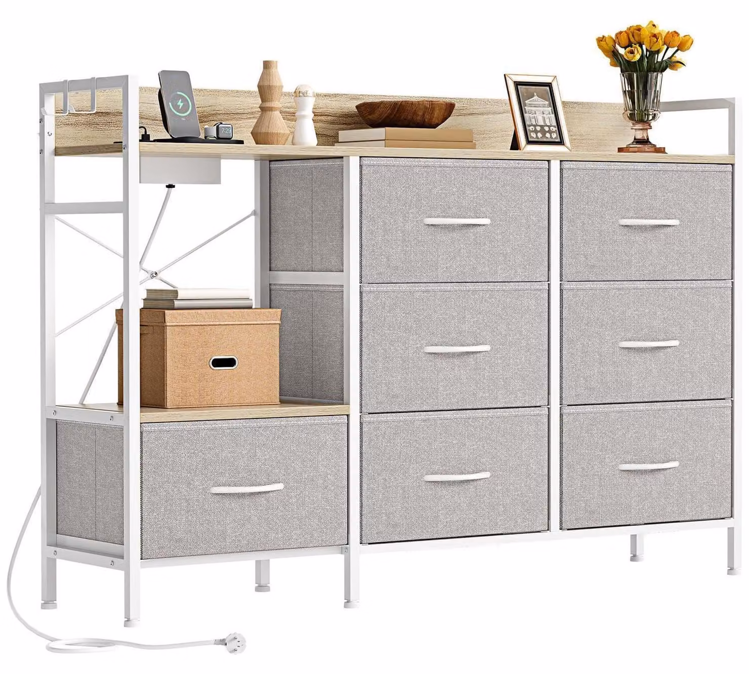 Comodino con 7 cassetti rivestiti in tessuto, 2 prese di corrente, 2 porte USB, mobile TV, ganci laterali, colore bianco panna, 132 cm