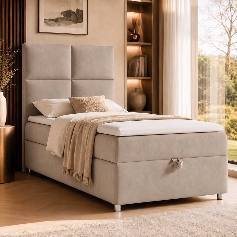 Best for Home Letto boxspring con contenitore Trinity K2-SINGLE 90x200 Materasso a molle Bonell incl. topper – Beige