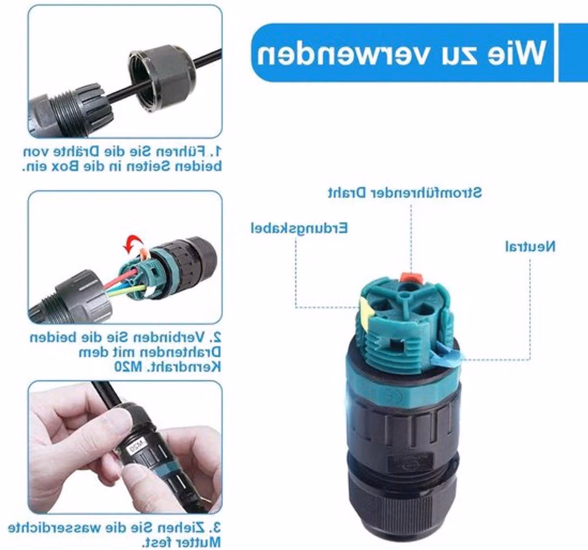 Connettore per cavi impermeabile a 3 poli, grado di protezione IP68, adatto per cavi con diametro da 9 a 14 mm, scatola di connessione esterna, set di 3 pezzi, ideale per giardini e ambienti esterni