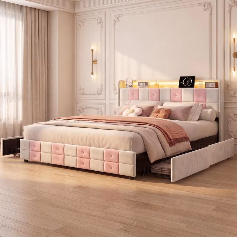 Letto imbottito INONEFT, 140x200 cm, con contenitore, 4 cassetti, letto matrimoniale con illuminazione LED e porte USB/Type-C, struttura del letto con rete a doghe, rivestito in velluto, colore rosa