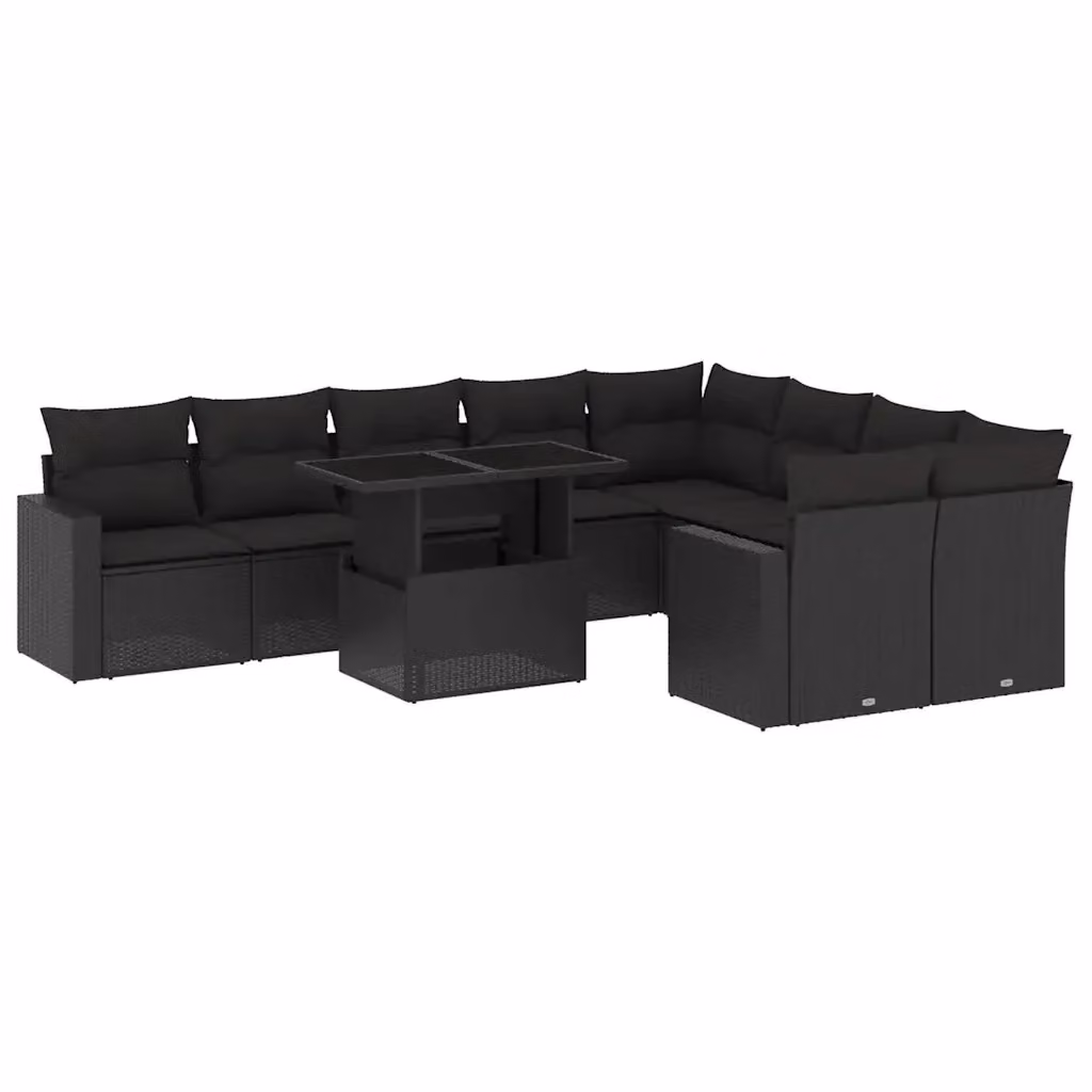 Set da giardino moderno vidaXL composto da 10 pezzi con divano a 3 posti, poltrone, elementi angolari e tavolino da caffè in polyrattan nero con cuscini inclusi – 2