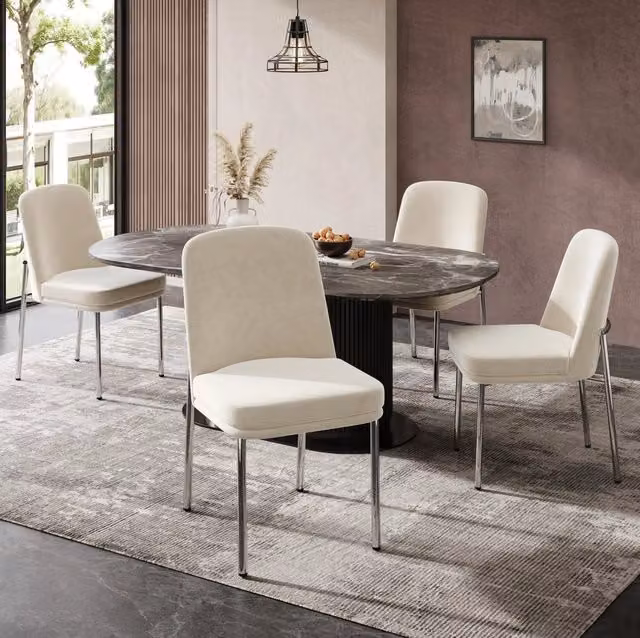 Set di 4 sedie da pranzo beige in velluto, struttura in metallo