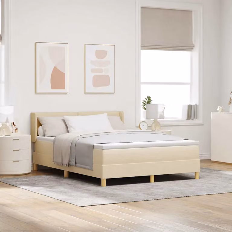 Letto a molle con testiera vidaXL in tessuto beige L 140 x P 190 cm