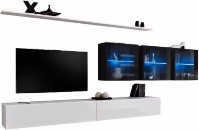 Composizione murale SWITCH XVII - Doppio mobile TV, cubi con vetrina LED e scaffali - Bianco e nero lucido - Design moderno