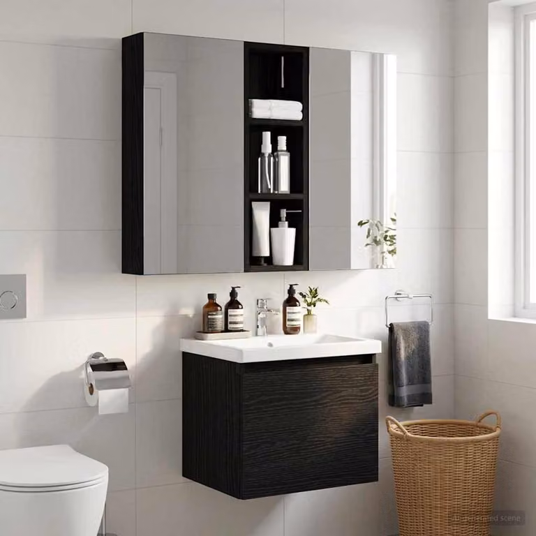 Armadio da bagno a muro moderno vidaXL in rovere e nero con ripiani interni L/P/H: 60,5 x 10 x 20 cm