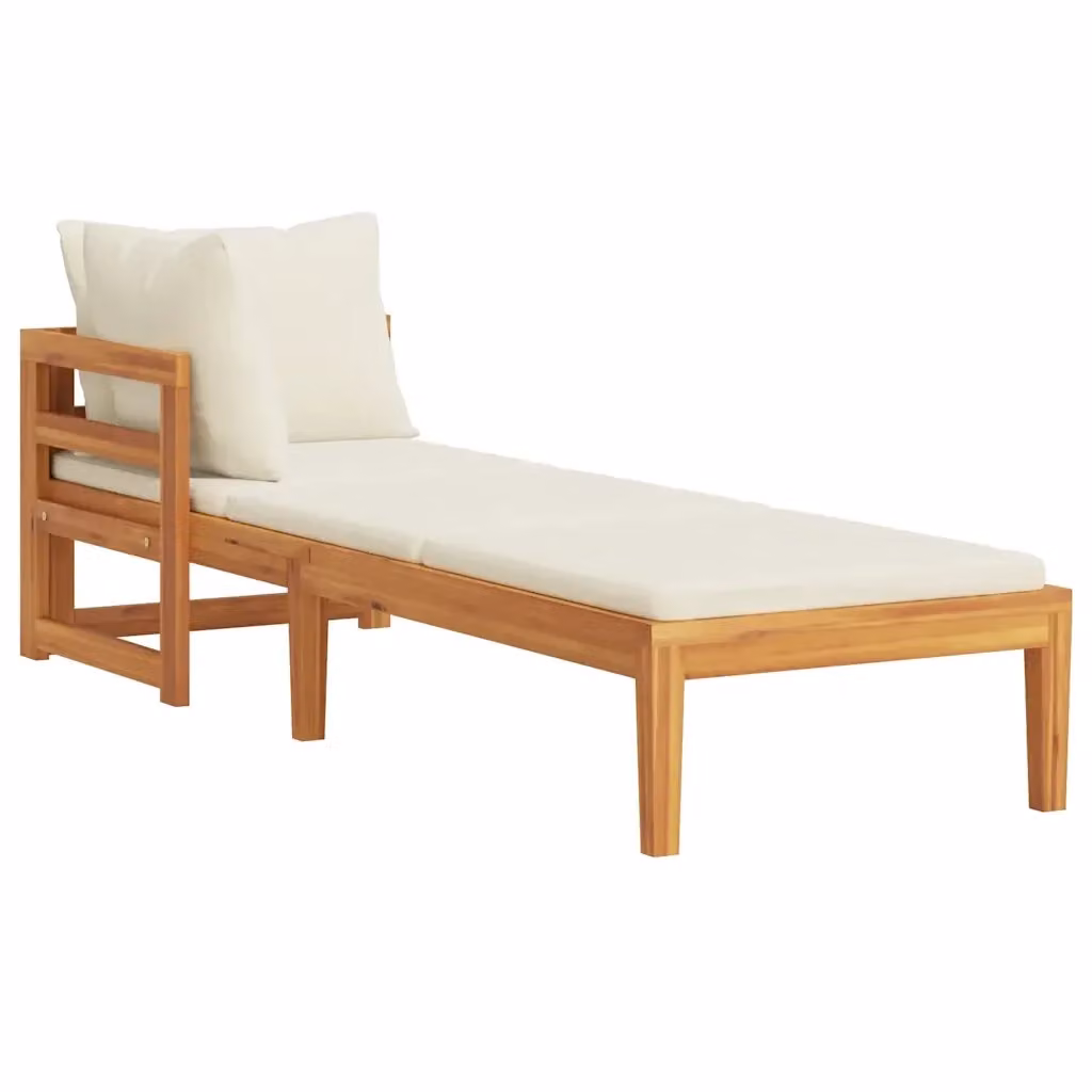 Lettino prendisole vidaXL in legno di acacia oliato con braccioli e cuscino bianco resistente ai raggi UV L: 202 cm, P: 66 cm, H: 60 cm – 2