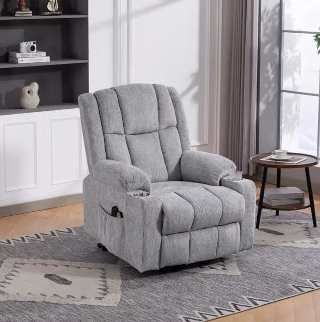 Poltrona relax elettrica alzapersona con massaggio; calore e poggiapiedi in velluto grigio chiaro