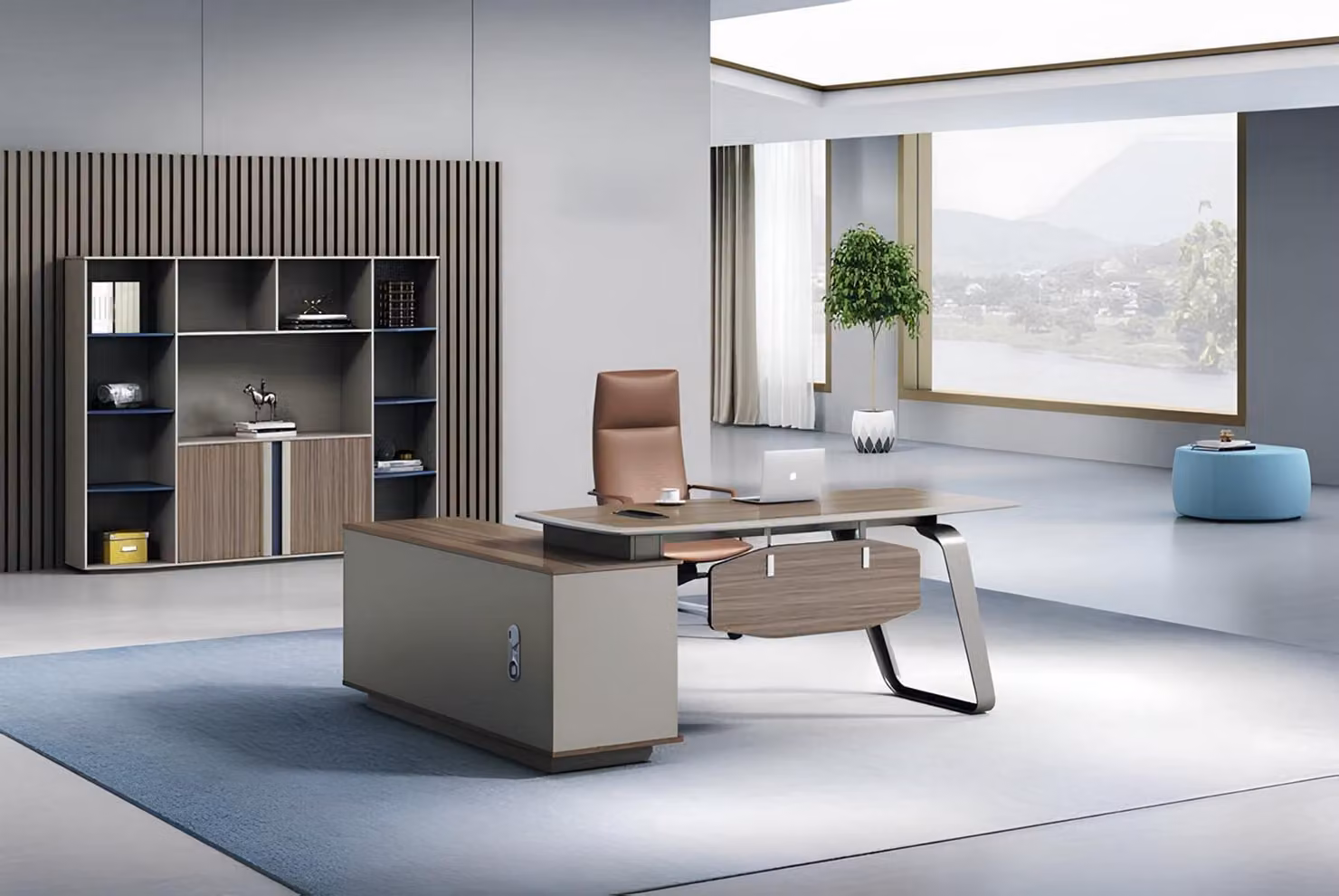 Elegante set da ufficio: esclusiva scrivania in legno massello e pratica libreria