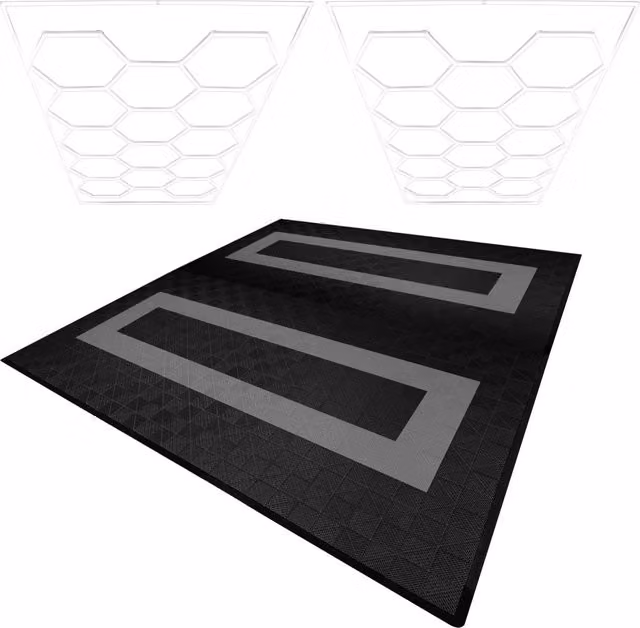 Set di Piastrelle Ventilate per Pavimento Garage e Luci LED Esagonali Monster Shop in Plastica, Colori Nero e Grigio